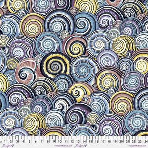 This pretty shell design is soft and perfect to add to your projects! Mauves, purples, yellows, blues and blacks. Spiral shells all over!   100% Cotton, 44/5"