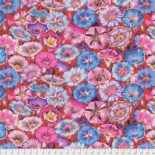 Beautiful Morning Glory in shades of pink and blue on a red background.  By Philip Jacobs of Kaffe Fassett Collective for Freespirit Fabrics.  100% Cotton, 44/5"