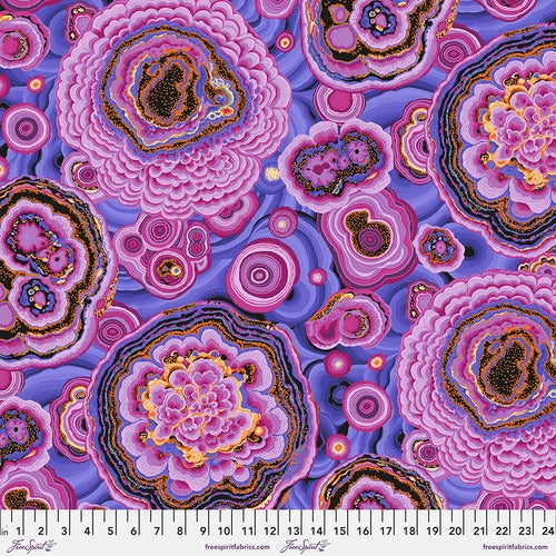 Gorgeous intricate agate design from Kaffe Fassett -  Magenta: Pretty purples, blues and a contrasting orange!   Sky: Cool blues, greys and blacks with a pop of orange and hot pink! oolala!  Get creative with this fun Kaffe fabric   100% Cotton, 44/5"