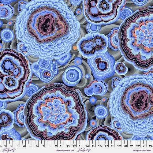 Gorgeous intricate agate design from Kaffe Fassett -  Magenta: Pretty purples, blues and a contrasting orange!   Sky: Cool blues, greys and blacks with a pop of orange and hot pink! oolala!  Get creative with this fun Kaffe fabric   100% Cotton, 44/5"