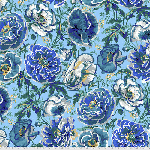 Beautiful blue floral toss featuring large and detailed blue and white flowers on a sky-blue background. From the Kaffe Fassett Collective by&nbsp;Philip Jacobs for FreeSpirit.&nbsp;100% Cotton, 44/45" wide.