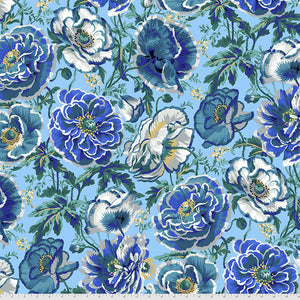 Beautiful blue floral toss featuring large and detailed blue and white flowers on a sky-blue background. From the Kaffe Fassett Collective by&nbsp;Philip Jacobs for FreeSpirit.&nbsp;100% Cotton, 44/45" wide.