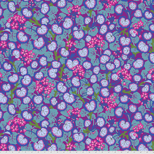Beautiful floral toss of pink Geraniums on a purple background. All the colors are exceptionally bright.&nbsp;From the Kaffe Fassett Collective by Phillip Jacobs.&nbsp;100% Cotton, 44/45" wide.