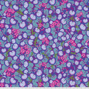 Beautiful floral toss of pink Geraniums on a purple background. All the colors are exceptionally bright.&nbsp;From the Kaffe Fassett Collective by Phillip Jacobs.&nbsp;100% Cotton, 44/45" wide.