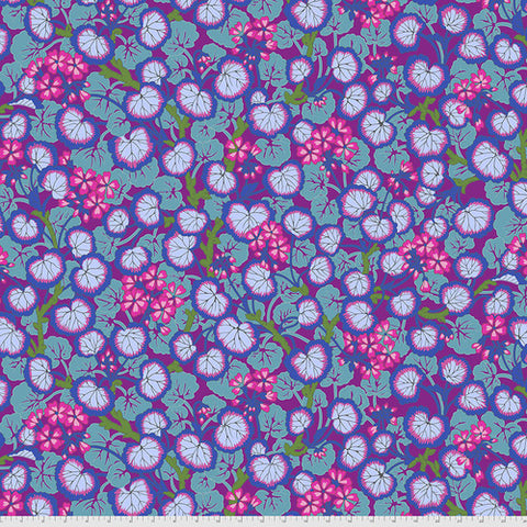 Beautiful floral toss of pink Geraniums on a purple background. All the colors are exceptionally bright.&nbsp;From the Kaffe Fassett Collective by Phillip Jacobs.&nbsp;100% Cotton, 44/45" wide.