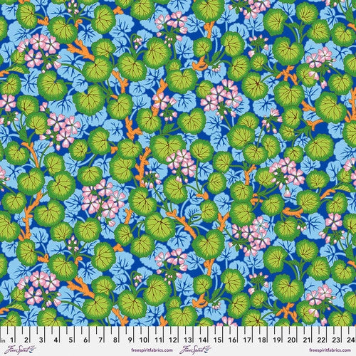 Philip Jacobs for the Kaffe Fassett Collective. Beautiful floral toss of pink geraniums surrounded by green and blue leaves.  From Kaffe Fasset 100% Cotton, 44/5"