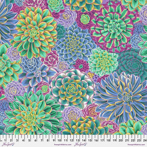 This floral print is covered in green, purple, blue and yellow plants. Although this is titled house leeks, these plants look like dahlias. Busy and interesting, just like all the other Kaffe prints!  100% Cotton, 44/5"