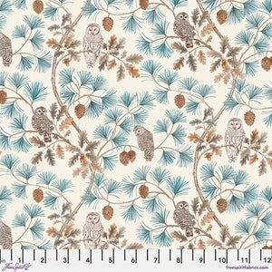 This fabric from Freespirit is perfect for all your fall projects. Owls hiding in the branches with pinecones, pine needles and oak leaves. Designed by Sanderson. Beige background with white and tan owls on grey branches with green blue pine needles. 