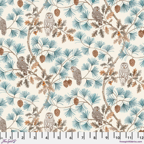 This fabric from Freespirit is perfect for all your fall projects. Owls hiding in the branches with pinecones, pine needles and oak leaves. Designed by Sanderson. Beige background with white and tan owls on grey branches with green blue pine needles. 