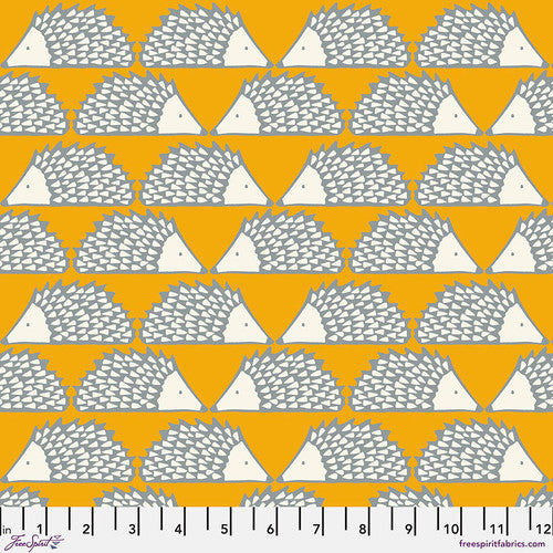 This fun fabric has a rusty orange background and is covered in white and grey hedgehogs. These hedgehogs are nose to nose in this adorable print. 