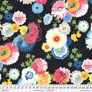 Black background with grey polka dots, covered in wild bright painterly flowers! Pinks, blues, oranges, greens, yellows and whites. This fabric will match anything!  100% cotton - 44"
