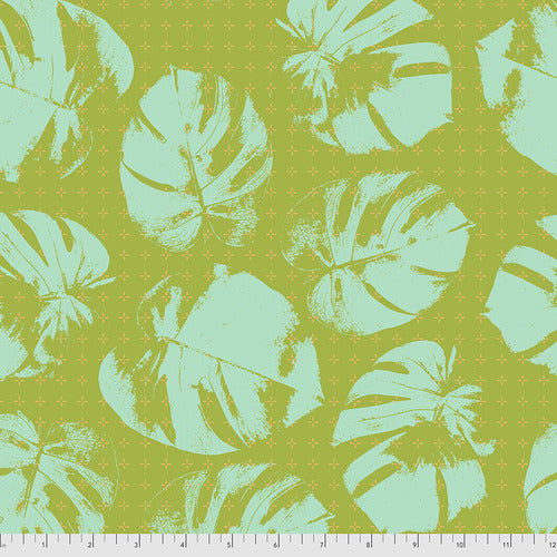 Plustera by Sew Kind of Wonderful for Freespirit Fabrics.  Mint Green stamped leaves on a lime green background with yellow cross hatch marks.  100% Cotton, 44"  ALL FABRICS ARE PRICED BY THE HALF YARD.  PLEASE ORDER IN QUANTITIES OF 1/2 YARD.  WE WILL CUT IN ONE PIECE.
