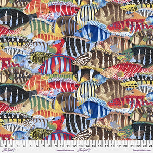 Talk about a fun fabric! This fabric is covered in all different kinds of bright and colorful fish. Larger scale print that would make great projects for people who love the ocean!