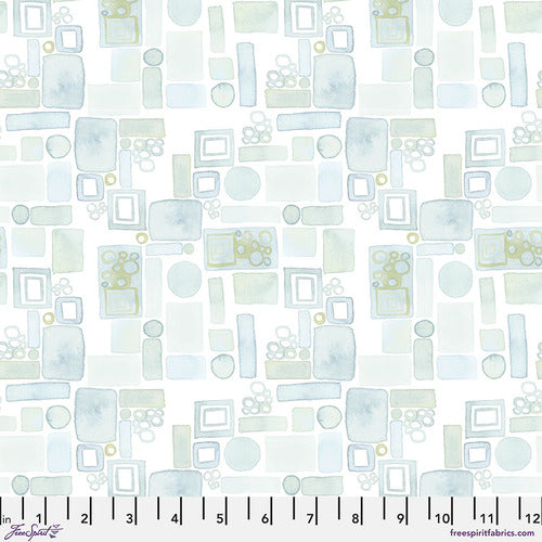 This very faintly colored fabric is a great subtle addition to any project. Light blues, seafoam greens and teals are combined together in a geometric pattern. A great addition to the shell rummel collection!  100% cotton - 44"