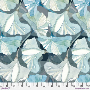 This fabric is covered in cool tones ginkgo leaves with blues.  Whites and navy blues and lighter blue colors with a watercolor look. A great addition to the shell Rummel collection!
