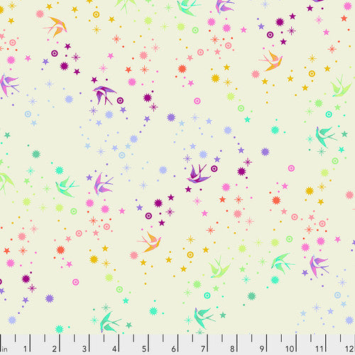 Tula Pink colorful blender works with all of her fabrics. This fabric is bright white with little dots and birds in all sorts of colors. 