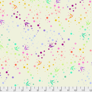 Tula Pink colorful blender works with all of her fabrics. This fabric is bright white with little dots and birds in all sorts of colors. 