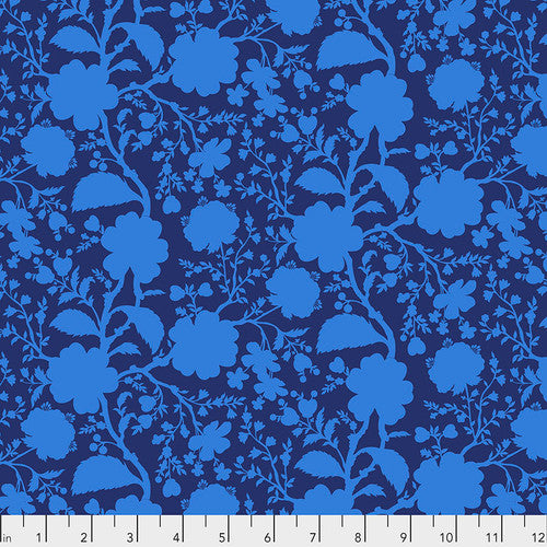 This floral fabric is designed by Tula Pink for the collection "Wildflower" for Freespirit Fabrics. This colorway has a Prussian blue background and light cobalt blue flowers printed on top. This fabric is a great alternative to a blender. 