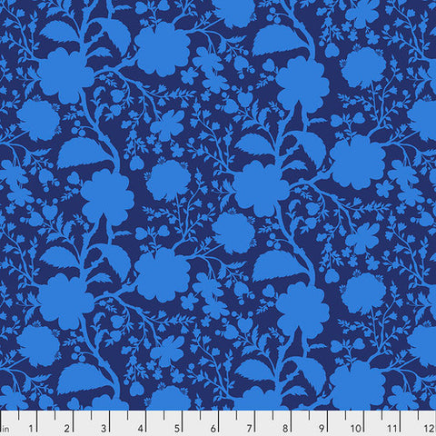This floral fabric is designed by Tula Pink for the collection "Wildflower" for Freespirit Fabrics. This colorway has a Prussian blue background and light cobalt blue flowers printed on top. This fabric is a great alternative to a blender. 