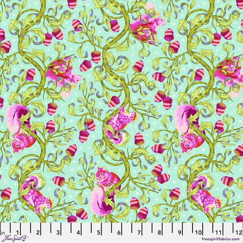 Tiny Beasts collection by Tula Pink for Free Spirit Fabrics. These brilliant and bright fabrics have little animals hidden throughout each one. This "Oh Nuts" fabric is covered in Squirrels and nuts! On top of a bright turquoise background these pink squirrels really pop. Find the animals!