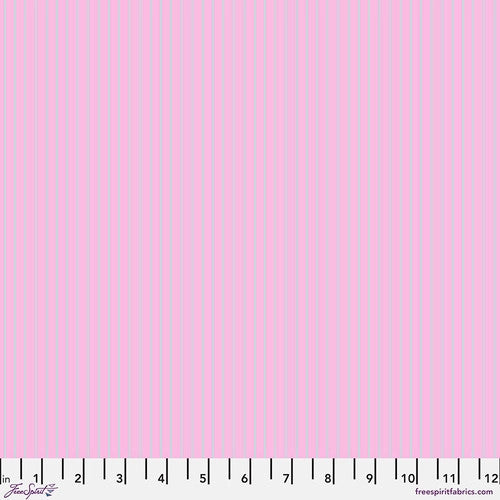 This floral fabric is designed by Tula Pink for the collection "True Colors" for Freespirit Fabrics. This fabric is a bubblegum pink with light blue stripes. This fabric is a great alternative to a blender. 