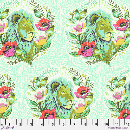 This fabric from Tula Pink features beautiful lions surrounded by flowers and leaves. This fabric is bright and colorful with a white background and teal leaves surrounding it. 100% cotton 44"/45"