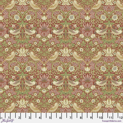 Beautiful Morris & co fabric is covered in traditional style leaves and flowers with birds and berries. Birds are cream and blush surrounded by green, blush and ivory flowers. All on top of a brick red background. Very soft fabric - lightly colored, perfect for any kind of project!