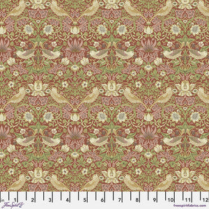 Beautiful Morris & co fabric is covered in traditional style leaves and flowers with birds and berries. Birds are cream and blush surrounded by green, blush and ivory flowers. All on top of a brick red background. Very soft fabric - lightly colored, perfect for any kind of project!