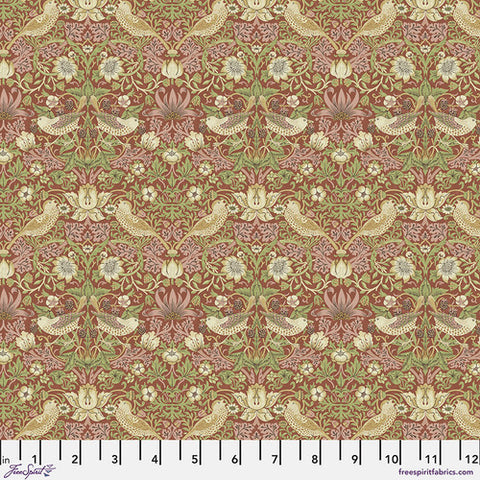 Beautiful Morris & co fabric is covered in traditional style leaves and flowers with birds and berries. Birds are cream and blush surrounded by green, blush and ivory flowers. All on top of a brick red background. Very soft fabric - lightly colored, perfect for any kind of project!