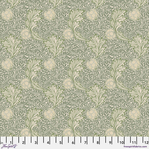 Beautiful Morris & co fabric is covered in traditional style leaves with apples. Background is cream with sage green leaves on top. The apples and leaves are stippled which gives it depth and texture. Very soft fabric - lightly colored, perfect for any kind of project!