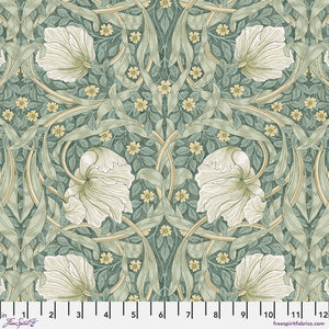 Beautiful Morris & co fabric is covered in traditional style leaves with floral designs over a black background. The flowers are white and yellow surrounded by sage green leaves. Very soft fabric - lightly colored, perfect for any kind of project!