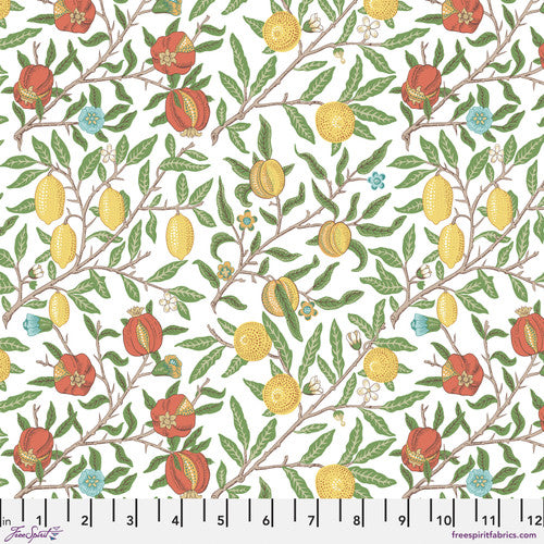 Beautiful Morris & co fabric is covered in fruits on branches with green leaves. The fruits are yellow, red and blue, hanging on light brown thin branches. Very soft fabric - lightly colored, perfect for any kind of project!