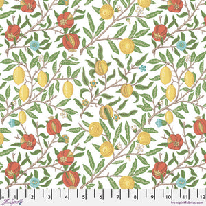 Beautiful Morris & co fabric is covered in fruits on branches with green leaves. The fruits are yellow, red and blue, hanging on light brown thin branches. Very soft fabric - lightly colored, perfect for any kind of project!