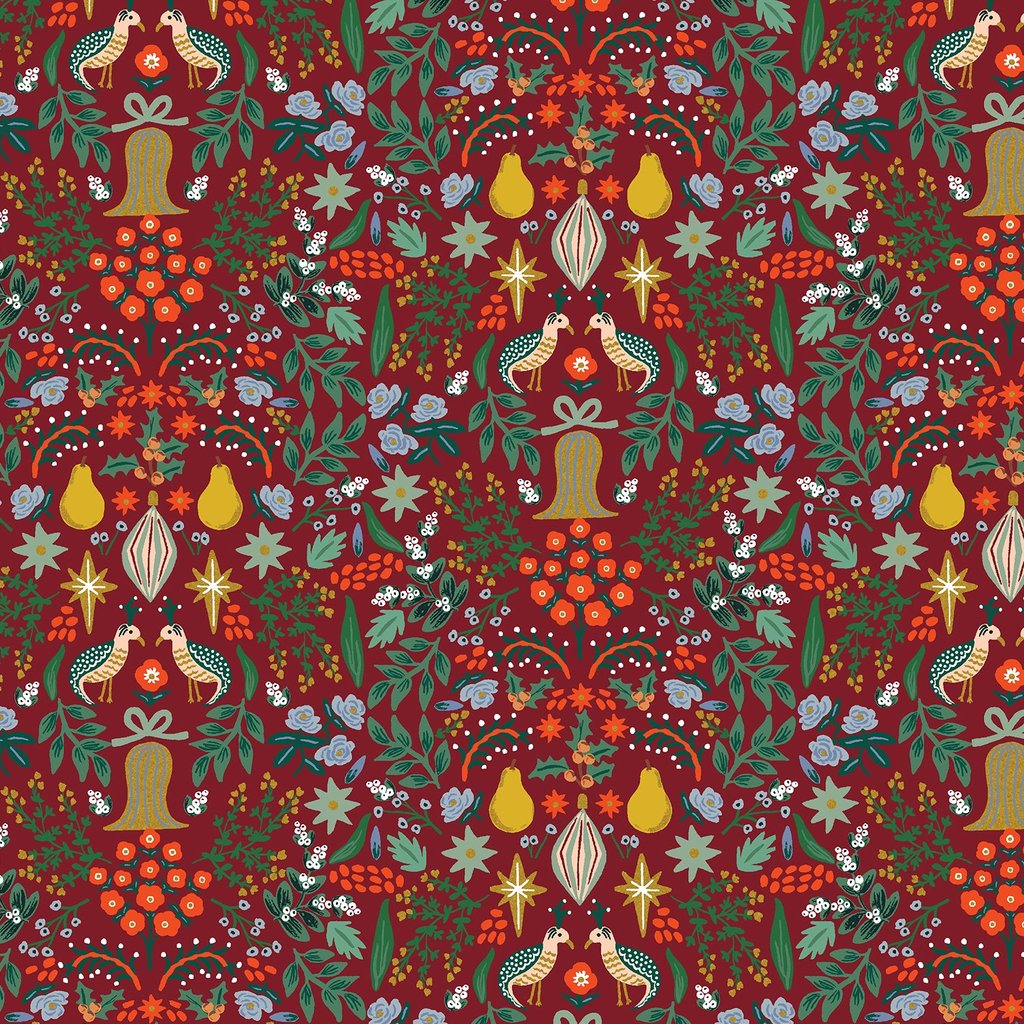 Rifle Paper has done a Holiday Line! It stays true to its name being called the Holiday Classics! It's got partridge, mistletoe, poinsettia, fir trees, the Nutcracker, stars, lights and the land of sweets!  Collection: Holiday Classics Designer: Rifle Paper Co Manufacturer: RJR - Cotton + Steel 100% fine cotton