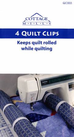 These 4 full size 3in plastic quilt clips will aid in holding rolled quilts while machine quilting. Plastic, will not rust, stain or snag will not scratch machine or furniture.