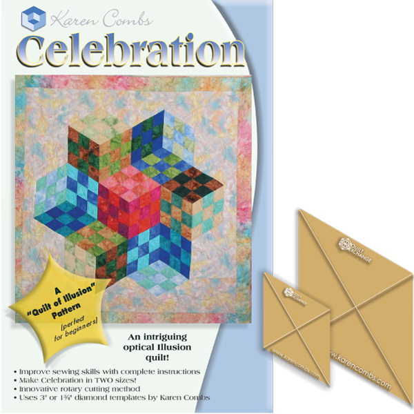 This amazing quilt has a wonderful illusion of depth. However, don't let the illusion scare you, this quilt is very easy to make with Karen's rotary templates.   Pattern includes rotary cutting instructions, sewing information, and full color piecing diagrams.   Finished size: 57" x 59"
