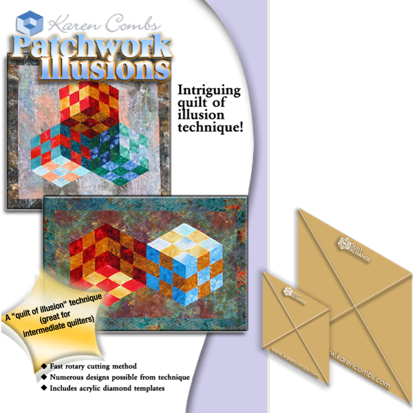 You asked for it and here it is! Patchwork Illusions is one of Karen's most requested patterns. Visual depth has fascinated artists for centuries, Karen has developed a quick and easy rotary technique that allows you to make quilts with a 3-D look.