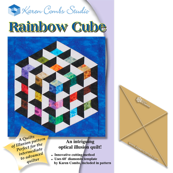 Amazing optical illusion with just a simple diamond shape! Let Karen show you how to create a beautiful 3-D cube. Pattern includes fabric suggestions and cutting and sewing diagrams.  Finished size: 33" x 33"