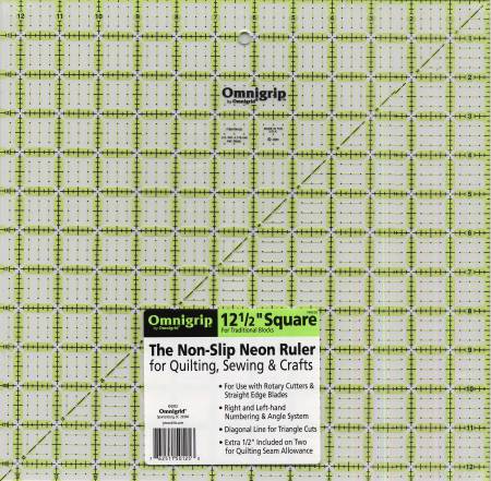 12 1/2" x 12 1/2" square- The square master, this ruler can be used to square up any finished block up to 12 1/2in. The 1/2in seam allowance is included on two sides, making it perfect for cutting background blocks. Also convenient for cutting larger custom-size squares, rectangles and wide borders.