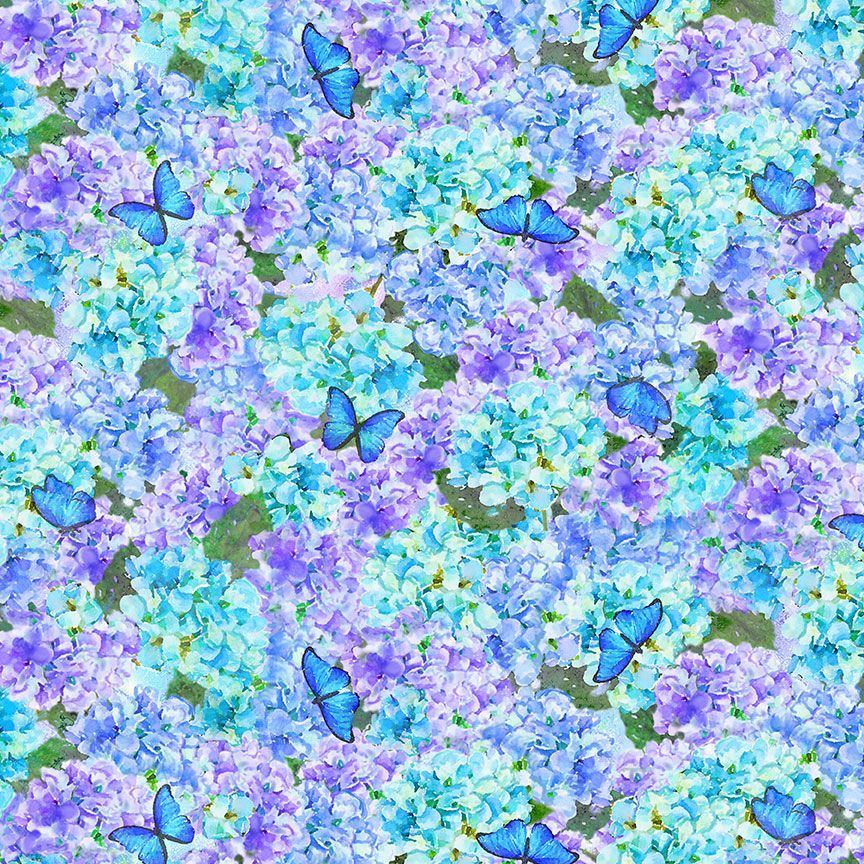 This fabric is special for the Row by Row shop hop! Covered in hydrangeas tossed all over with pretty blue butterflies fluttering over. The hydrangeas are a mix of teals and periwinkles. 