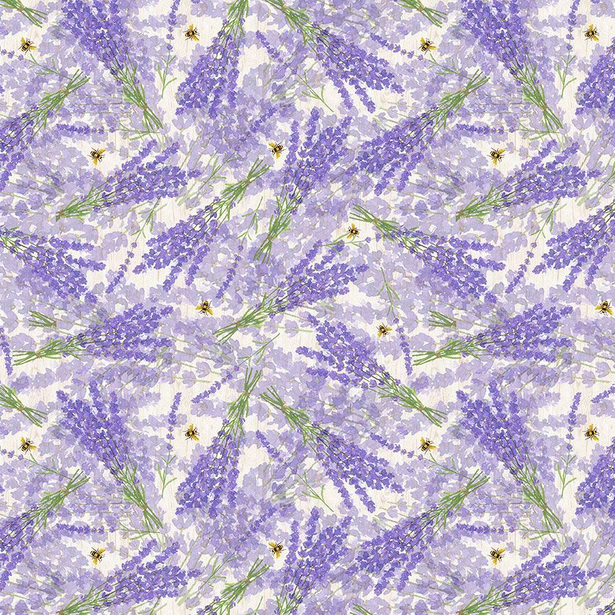 This fabric is special for the Row by Row shop hop! Covered in lavender sprigs tossed over a white and light purple background. There are even little bees hiding in the flowers!