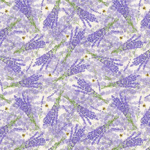 This fabric is special for the Row by Row shop hop! Covered in lavender sprigs tossed over a white and light purple background. There are even little bees hiding in the flowers!