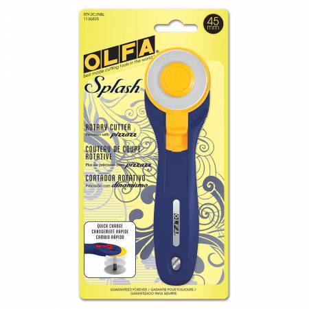 Precision with pizzazz. Premium quality blades for superior sharpness and durability. For right or left handed users; switch hands effortlessly. Easy blade change with just a click. Use with Olfa self healing rotary mats.  Available in a variety of sizes.  45mm is most common.