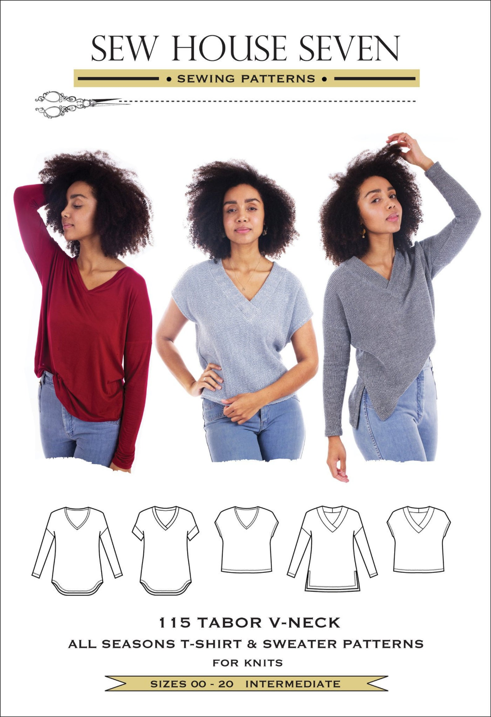 V-Neck T-shirt & Sweater sewing pattern for knits. Three neckband options, three sleeve options and three length and hem options. Intermediate skill level.