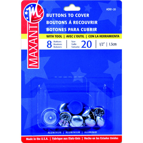 Buttons to cover with tool. Assortment of sizes, as well as quantities. Wire back on button. Instructions on back of box