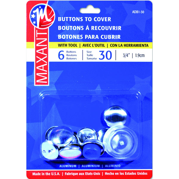 Buttons to cover with tool. Assortment of sizes, as well as quantities. Wire back on button. Instructions on back of box