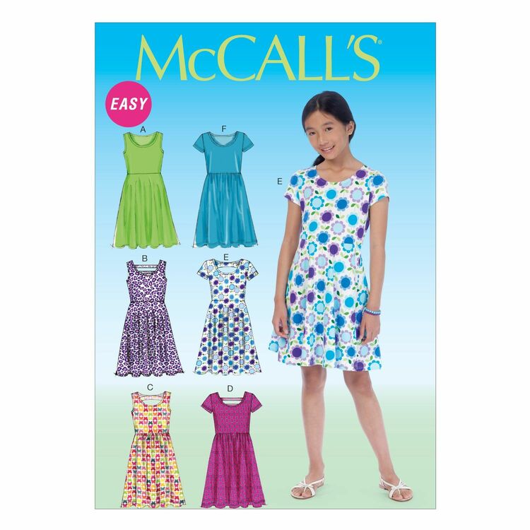 Girl's dress - Pullover dresses have back bodice and skirt variations and raised waist. B,D: Back bands, A,B,E: Narrow hem. C,D,F: Gathered Skirt and stitched hem