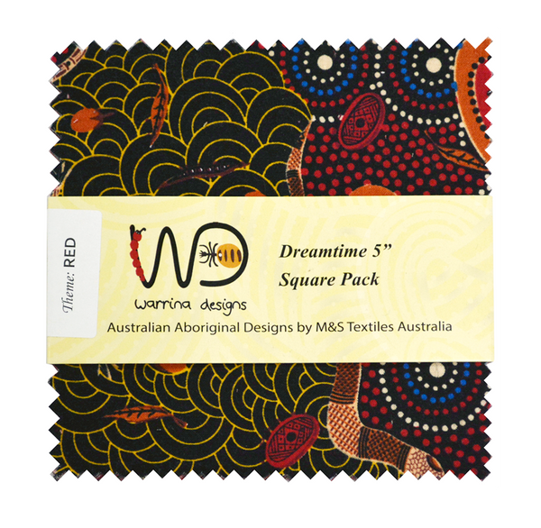 Original, Aboriginal design fabrics from Australia.  100% Cotton  Dreamtime roll - 20 strips, 2 1/2" x 44"  Dream Pack - 40 x 5 inch squares  Fabric Pack (4 x Fat Quarters)