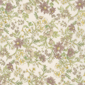 Beautiful light and bright floral print with blush-colored flowers and sage green leaves. This fabric is lightweight and would be perfect for garments. Very dainty and feminine!