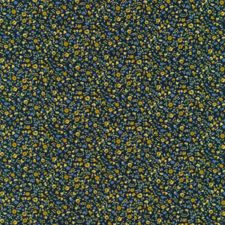 Beautiful printed cotton lawn From Robert Kaufman. This floral fabric consists of yellow and blue flowers on a navy background with green leaves. Super tiny print which makes it even more adorable! Dresses, blouses, skirts....the possibilities are endless!  Sevenberry Petite Garden Lawn Collection In Floral DESCRIPTION  15yds, 100% Cotton, 42in 2.36oz per sq yd
